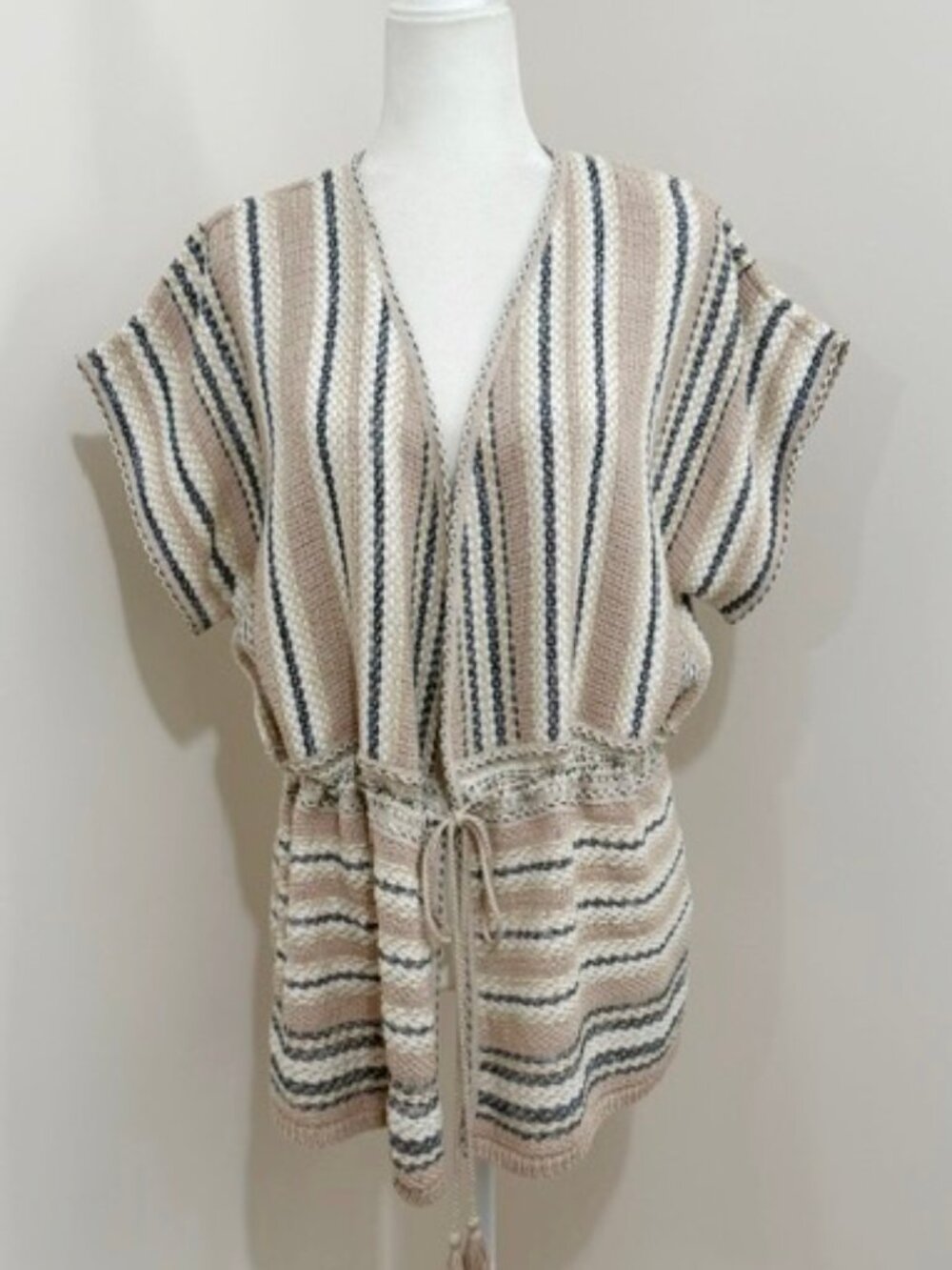 Chico's Short Sleeve Striped Vest Sweater Coastal Boho Beachy Nautical Size 3/XL